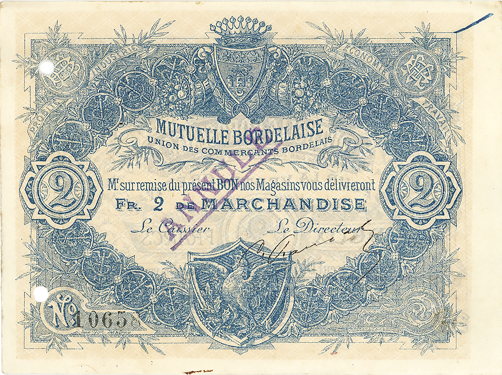 La Mutuelle Bordelaise - bon de 2 Francs - union des commerçants bordelais