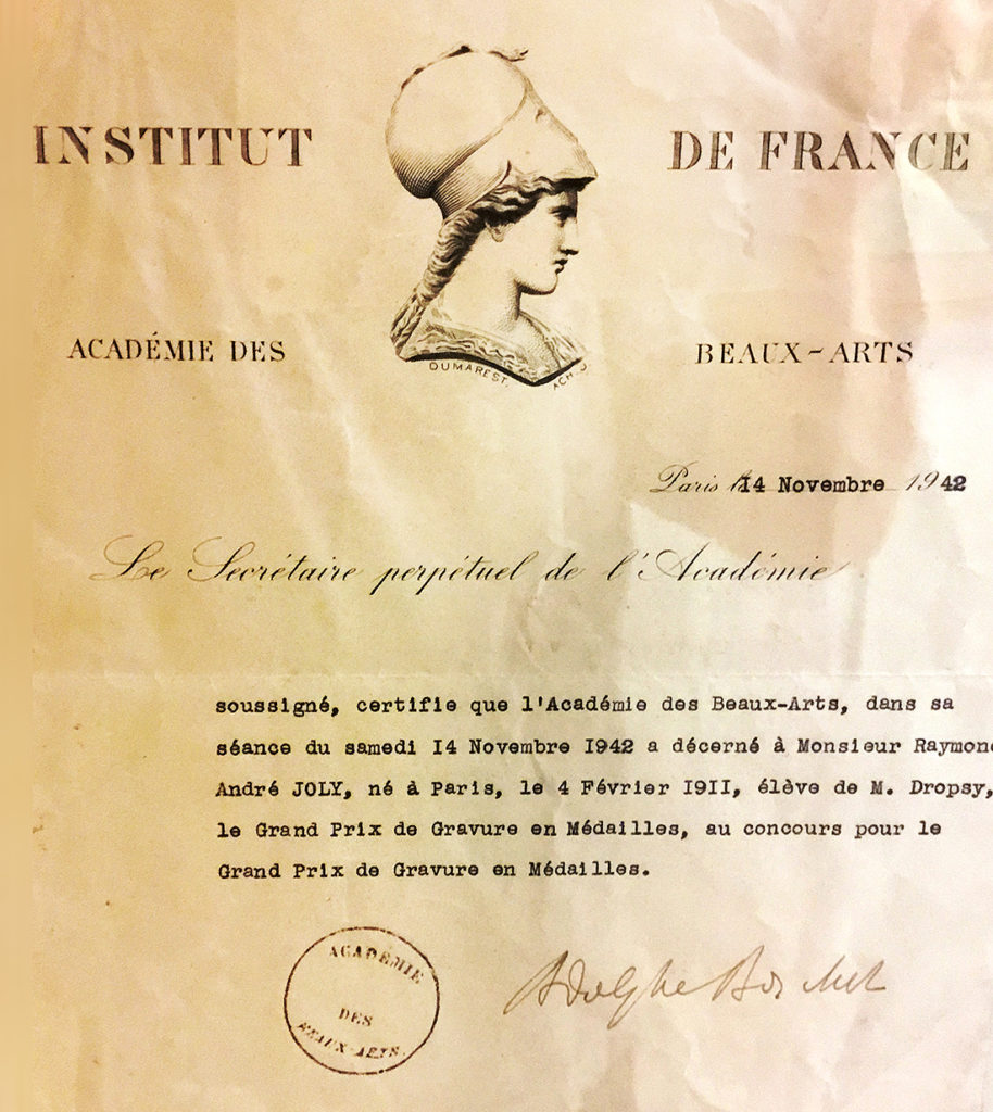 Grand prix de gravure en médaille de l'institut de France décerné à Raymond JOLY en 1942