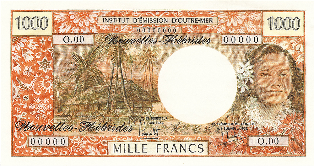 Mille francs, jeune Tahitienne type 1968 mod 1969 avec indication géographique