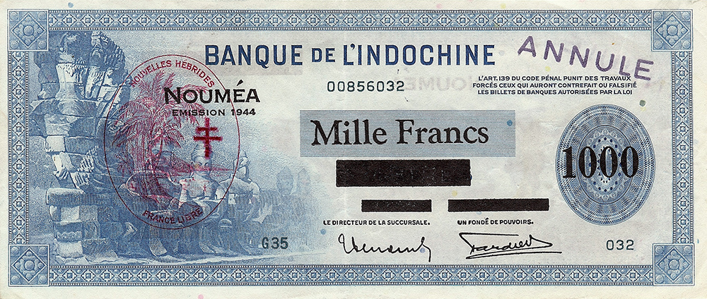 1000 francs bleu, type 1941 Nouvelles-Hébrides Émis en 1944 Impression Américaine - La création du francs CFP et son introduction