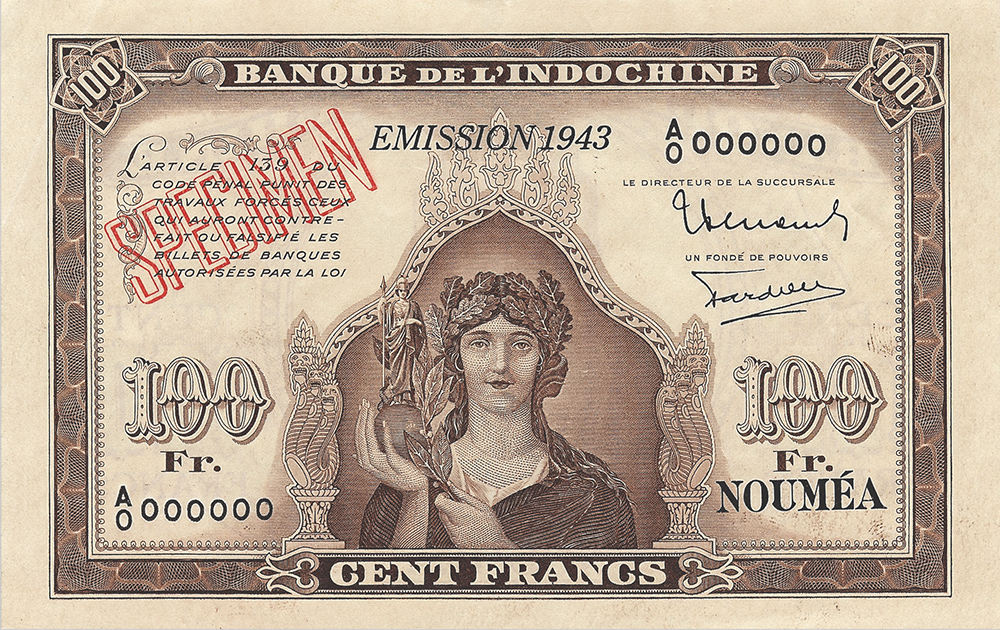 Cent francs Minerve marron, type 1941 Nouvelle-Calédonie Émis en 1942 Impression Australienne
