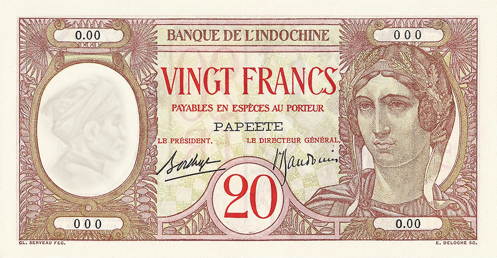 Vingt francs au paon, type 1927 Polynésie française - La création du francs CFP et son introduction