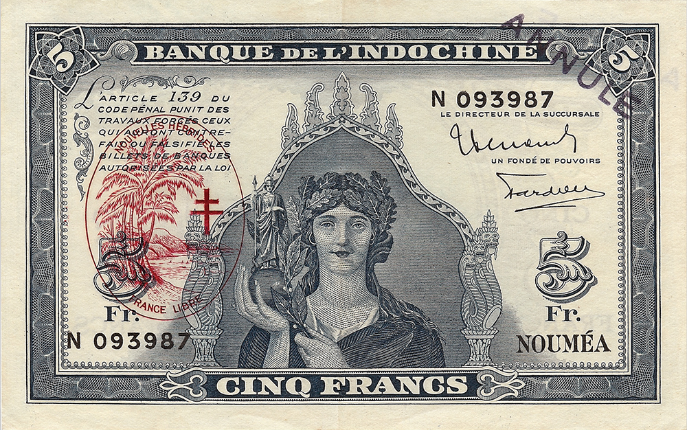 Cinq francs Minerve bleu Nouvelles-Hébrides Émis en 1944 avec surcharge France Libre Impression Australienne