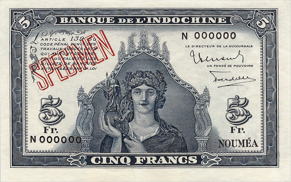 Cinq francs Minerve bleu Nouvelle-Calédonie Émis en1944 Impression Australienne - La création du francs CFP et son introduction