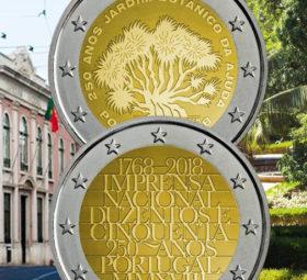 Portugal: 2018 €2 commemorative coins dedicated to National Printing works and to AJUDA garden