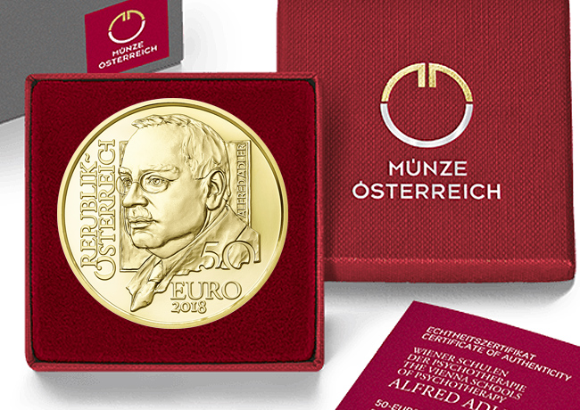 Austrian: Gold Coin € 50 Alfred Adler 2018 – The Vienna Schools of Psychotherapy gold series