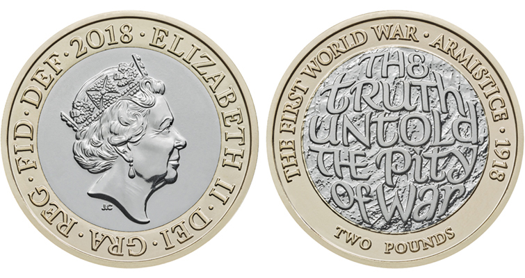 2 £ - centenaire de l'armistice de la Première Guerre mondiale Royal Mint