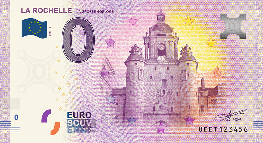 Les billets zero euros souvenir touristique 2018 - nouveautés - La Rochelle la grosse Horloge