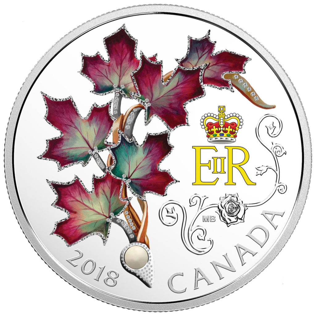 Pièce de 20 $ en argent fin 2018 – Broche de Sa Majesté la reine Elizabeth II avec feuilles d’érable