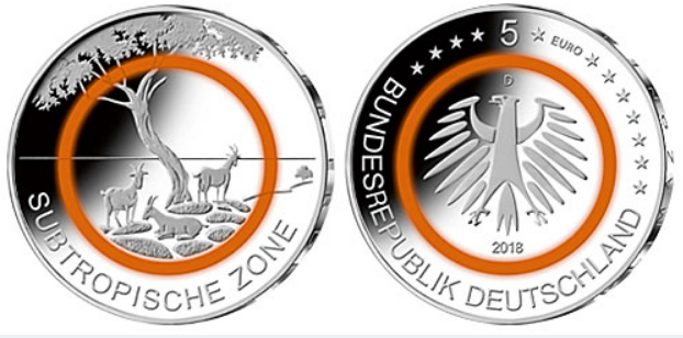 Pièce De 5 X 5 Euros "Zone Subtropicale" 2018 - Qualité Brillant Universel (BU) Dans Dépliant - Séries A-D-F-G-J - Allemagne
