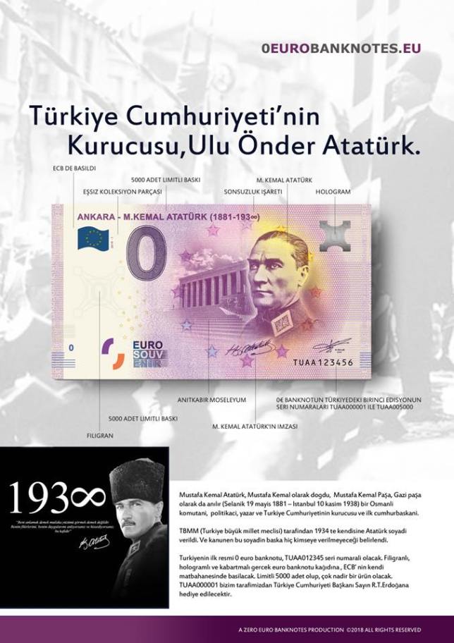 Zero Euro Ataturk 19 Euro Souvenir Banknote Zero Euro Ataturk 19 Euro Souvenir Banknote Numismag