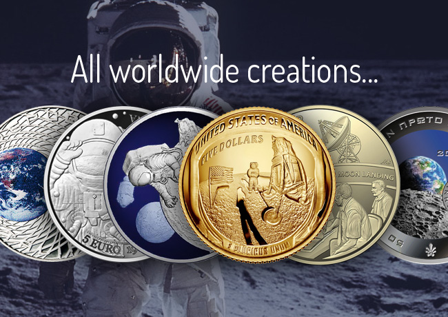 50th anniversary 1969 moon landing, worldwide coins and medals