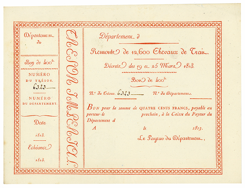 Bon de 400 francs du Trésor Impérial 1813 - Remonte de 12 600 Chevaux de Trait