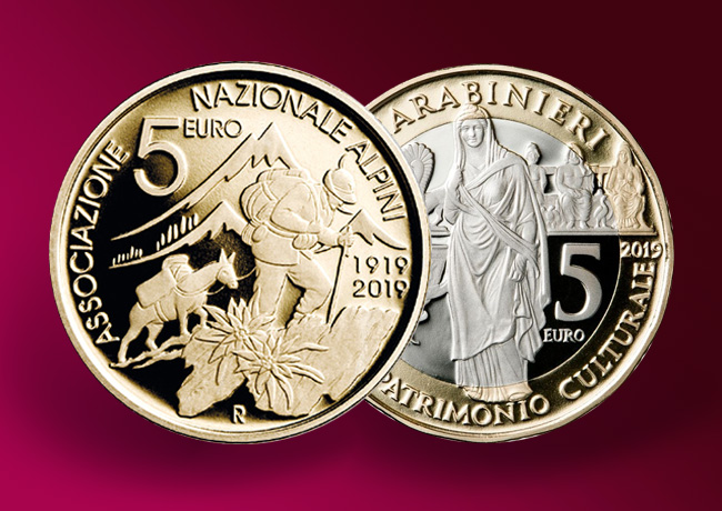 With two New 5 Euro Commemoratives coins Italian Mint Commemorates Carabinieri and Alpine Corps