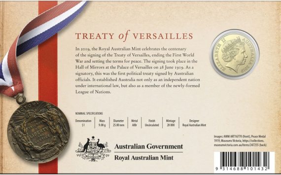 Australia – 1 and 5 dollars coins – 100 years Treaty of Versailles signature