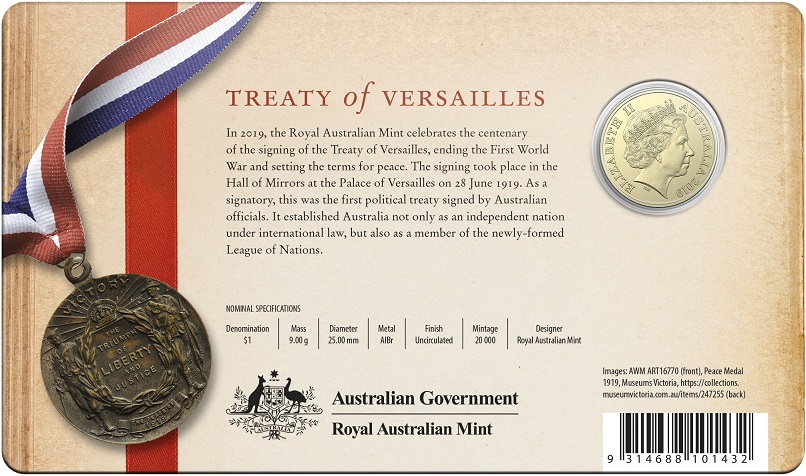 Australia – 1 and 5 dollars coins – 100 years Treaty of Versailles signature