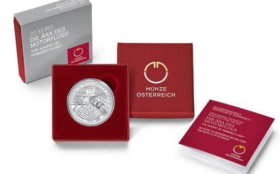 Austrian €20 silver coin celebrating Igo Etrich and Charles Lindbergh