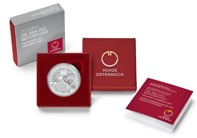 Austrian €20 silver coin celebrating Igo Etrich and Charles Lindbergh