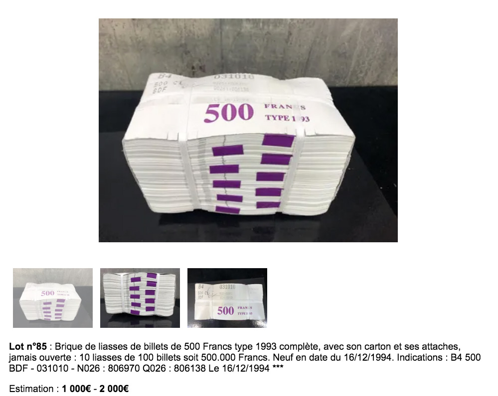 Brique de 1000 billets de  500 francs Pierre et Marie Curie type 1993