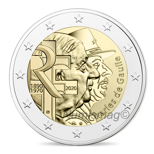 2020 french €2 commemorative coin celebrating General DE GAULLE