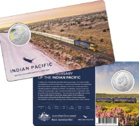 A colored australian coin celebrating 50th anniversary of Indian Pacific