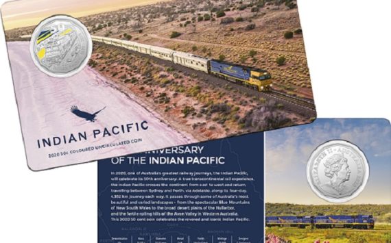 A colored australian coin celebrating 50th anniversary of Indian Pacific