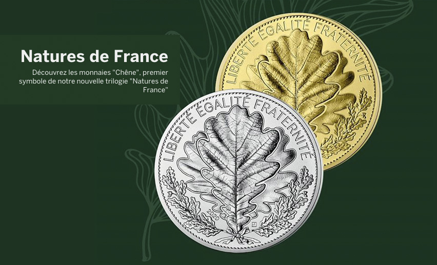 Série Nature de France – Monnaies de 20 et 100 € argent et 250€ Or, La feuille de chêne 2020