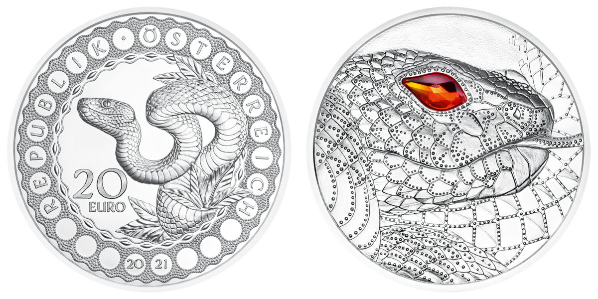 2021 €20 Austrian silver coin dedicated to the aboriginal rainbow snake