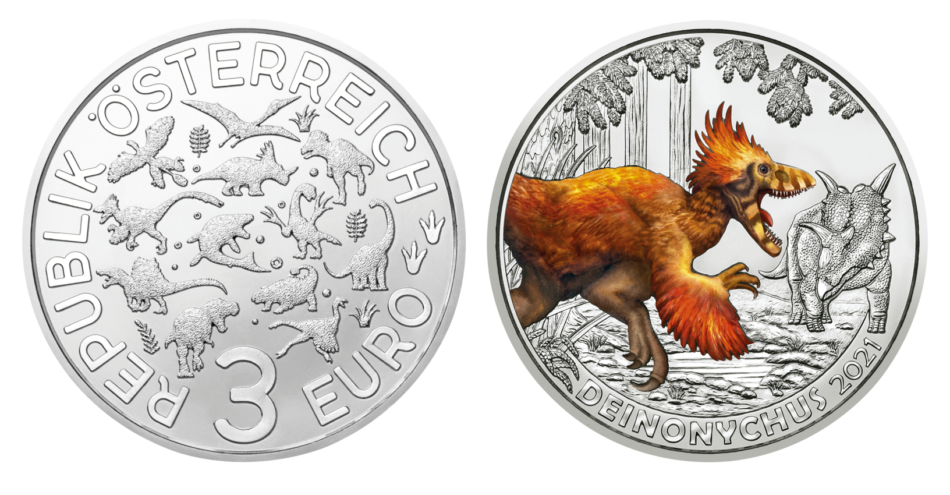 3€ 2021 de l'austrian Mint dédiée au Deinonychus antirrhopus