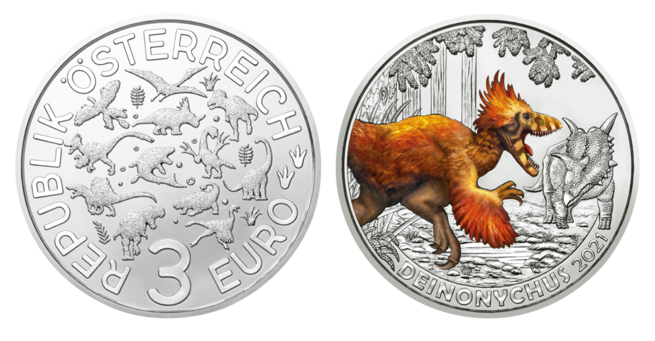 2021 austrian €3 coin dedicated to Deinonychus antirrhopus