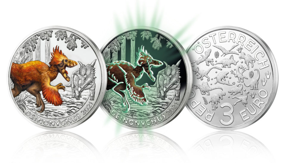 2021 austrian €3 coin dedicated to Deinonychus antirrhopus