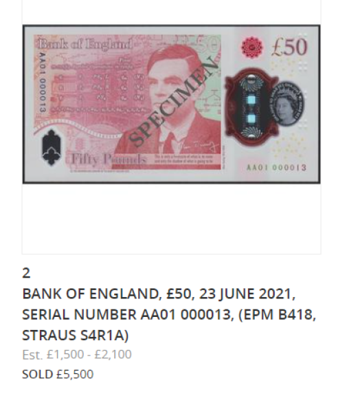 New £50 TURING banknote, sold for £13 000 at SPINK LONDON