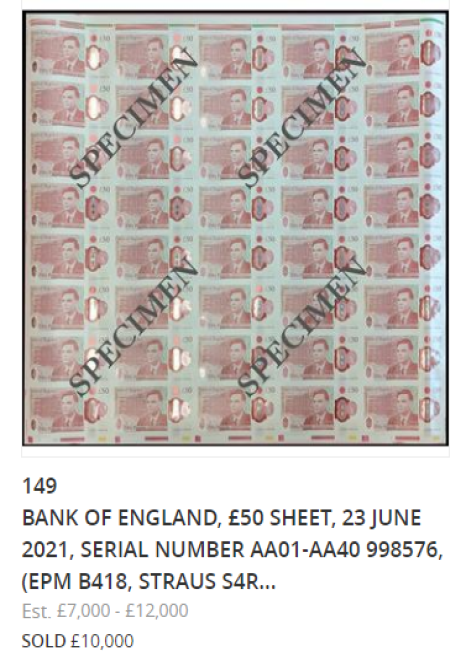 New £50 TURING banknote, sold for £13 000 at SPINK LONDON