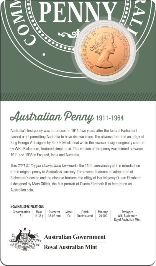 2021 Australian Royal Mint celebrates 110th anniversary of the penny