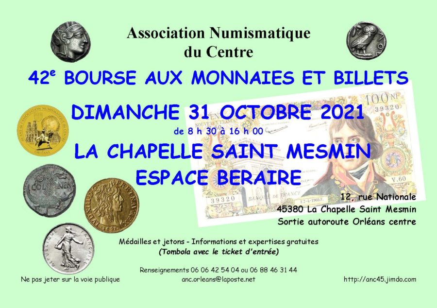 Bourse numismatique 2021 de la Chapelle Saint Mesmin (Orléans)