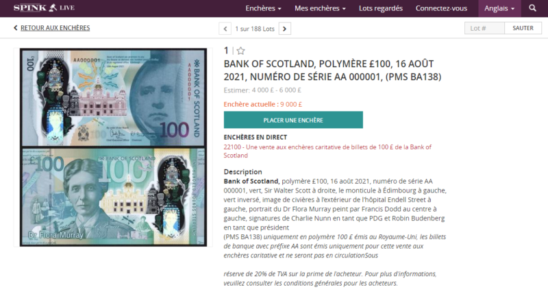 Nouveau billet de 100 Livres écossais en vente chez SPINK UK le 05 MAI