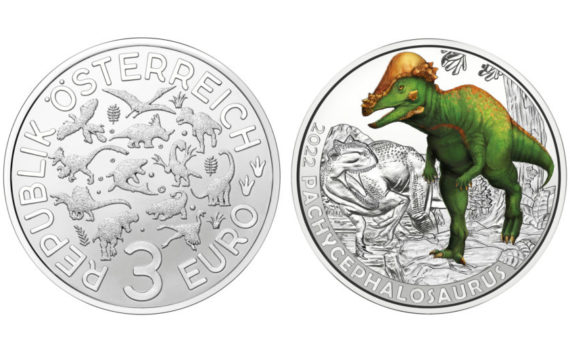 2022 Austrian €3 coin – Pachycephalosaurus wyomingensis