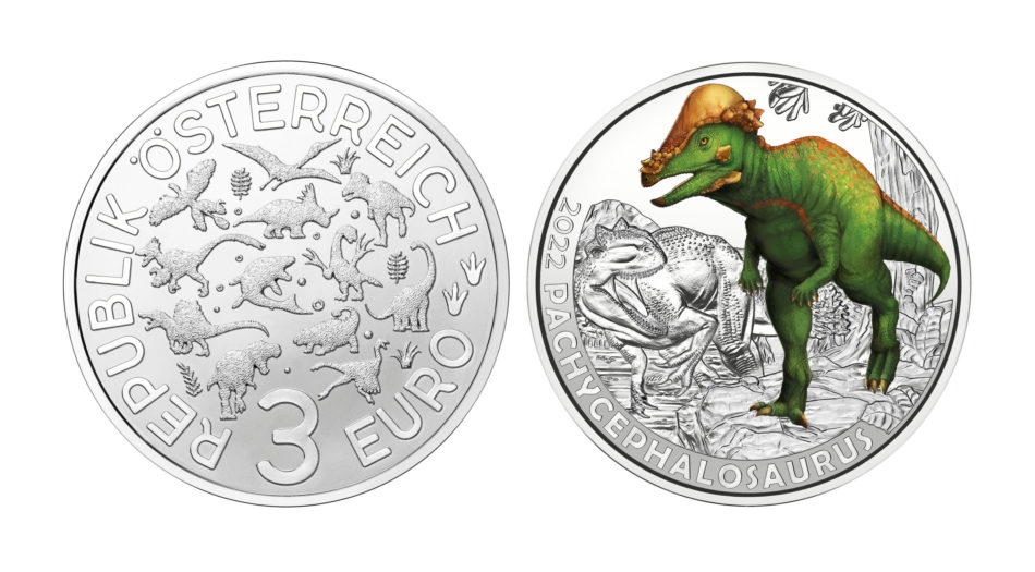 2022 Austrian €3 coin – Pachycephalosaurus wyomingensis