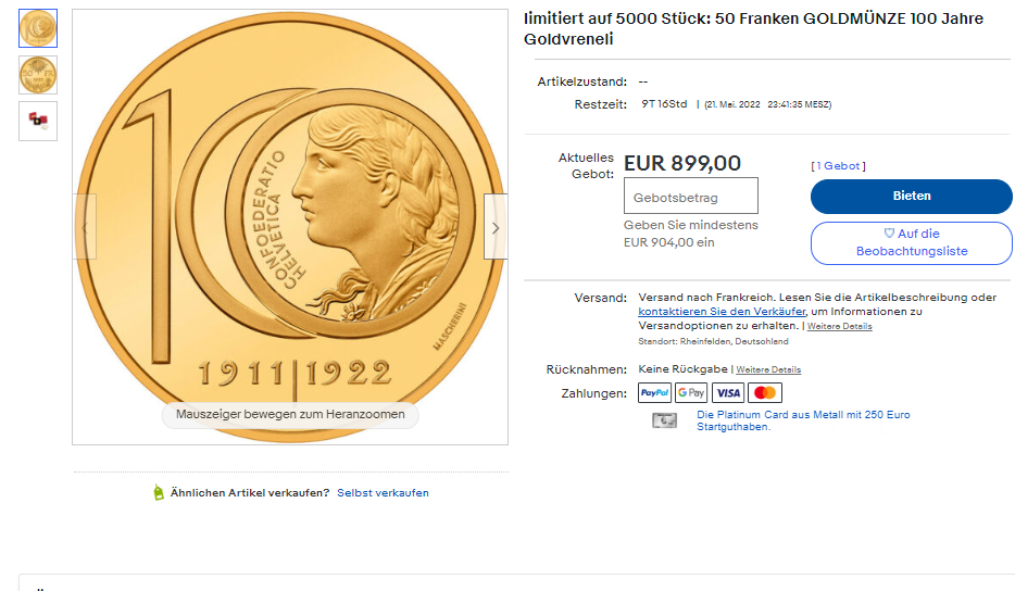 2022 50 francs gold coin "100 th anniversary last minting 10-franc Vreneli"