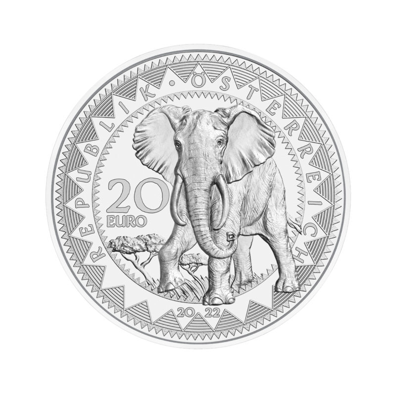 Pièce autrichienne de 2022 de 3€ consacrée à l'Eléphant