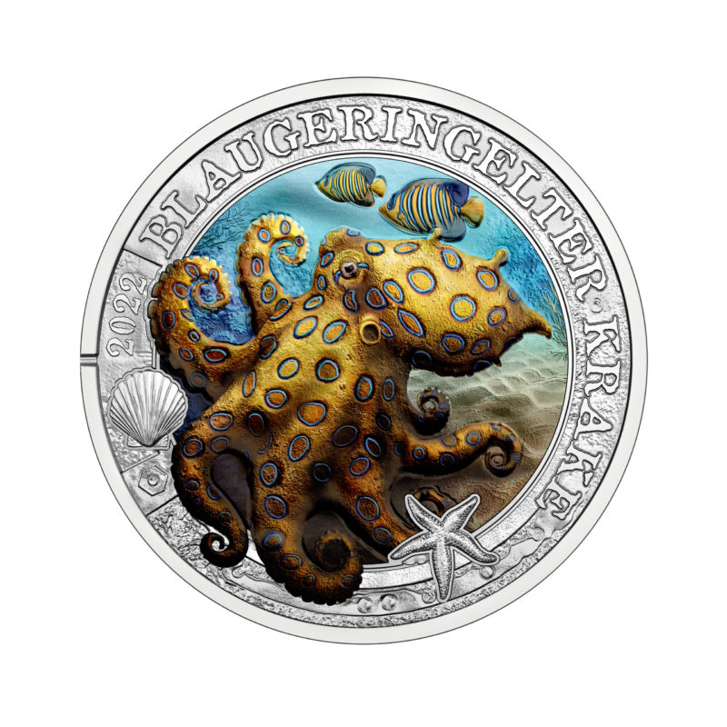 Monnaie d'Autriche: pièce de 3€ 2022 "La pieuvre à anneaux bleus"