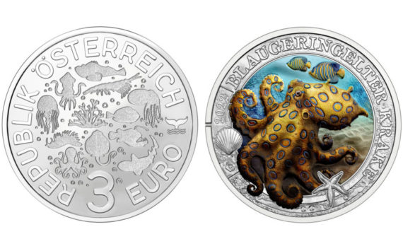 Monnaie d’Autriche: pièce de 3€ 2022 « La pieuvre à anneaux bleus »