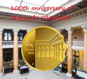 Euro coins celebrating 100 years of the Bank of Lithuania