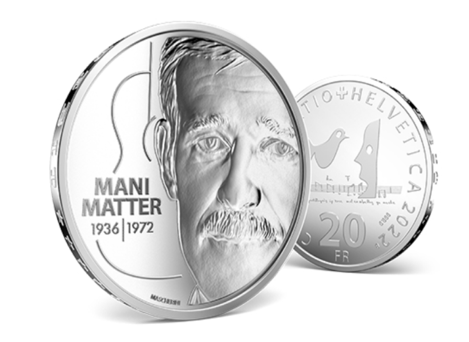 SWITZERLAND: silver 20 francs coin dedicated to comedian Mani MATTER