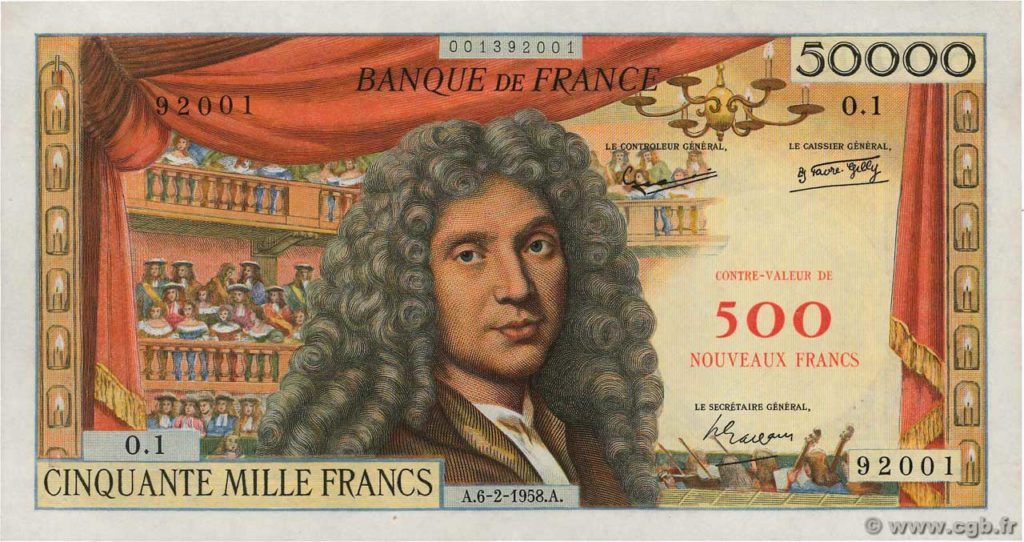 Histoire du 500 francs MOLIERE type 1959 de Jean LEFEUVRE